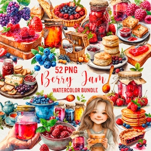 Clipart de geléia de frutas vermelhas em aquarela, 52 png de geléia de frutas, garota fofa, morangos, arte digital de comida, mirtilo, gráficos de amora para uso comercial nos EUA