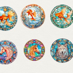 Watercolor Stained Animals Clipart, 51 png Stained Watercolor glass Window PNG, Fantasy animal Clipart, Window animal PNG, Commercial Use