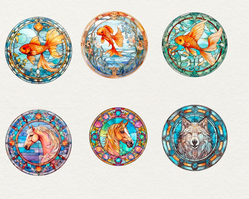 Watercolor Stained Animals Clipart, 51 png Stained Watercolor glass Window PNG, Fantasy animal Clipart, Window animal PNG, Commercial Use