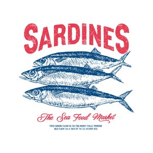 Vintage sardines illustration digital design featuring three detailed sardines with classic typography, perfect for t-shirts, mugs, wall art, kitchen decor, tote bags, and coastal home accessories. Includes 1 high-resolution PNG file with transparent background and 1 PDF file. Ideal for seafood lovers, nautical themes, ocean-inspired decor, and creative DIY projects. Perfect for printable designs celebrating seafood and coastal living.