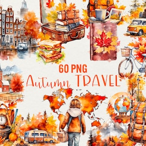 Aquarell Herbst Reise Clipart, 60 PNG Welt Reise Herbst Clipart, Ticket, Sprache, Urlaub Reisen Clip Art, kommerzielle Nutzung.