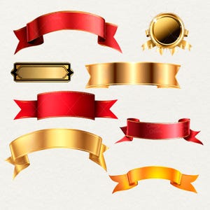 Ribbon Banners Clipart, 50 png red banners, gold ribbons, labels png, scrapbook, junk journal, transparent background, commercial use, ribbon overlays, paper crafts, red flag tag, gold flag tag, banner clip art graphics
