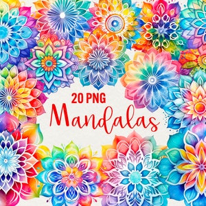 Aquarel mandala clipart, 20 png regenboog mandala's clipart, holistische mandala, Indiaas, Thais, yoga mandala, kleurrijke mandala's commercieel gebruik.