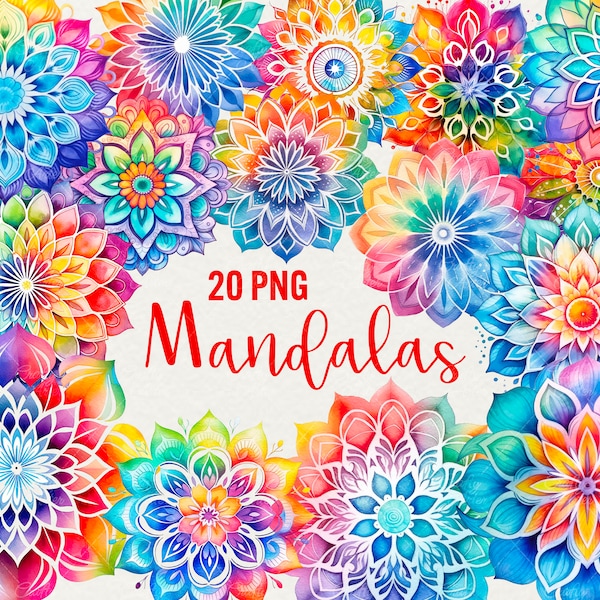Acuarela Mandala Clipart, 20 Png Rainbow Mandalas Clipart, Mandala Holístico, Indio, Tailandés, Yoga Mandala, Uso Comercial de Mandalas Coloridos.