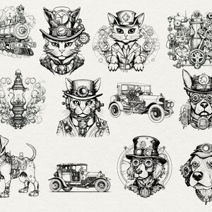 May include: A set of nine black and white illustrations featuring steampunk-themed animals and vehicles. The illustrations include a cat, a dog, a train, a car, and a lamp.