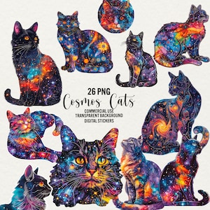 Clipart aquarelle de chats cosmiques, 26 chats mignons célestes png, fichiers png de chat de la galaxie fantastique, autocollants numériques chaton de conte de fées, usage commercial