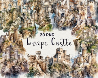 Clipart aquarel kasteel: mystieke landschappen van oud Europa (20 png)