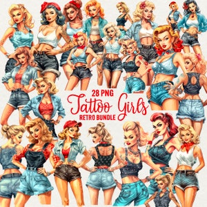 Aquarel retro meisjes clipart, 28 PNG pin-up tattoo meisje illustraties, mooie vrouw clipart, instant download voor commercieel gebruik.