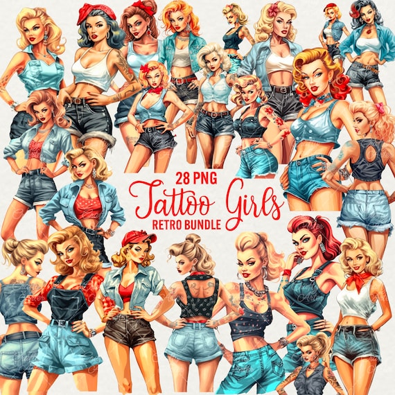 水彩画のピンナップガールのクリップアート：レトロなタトゥーアート