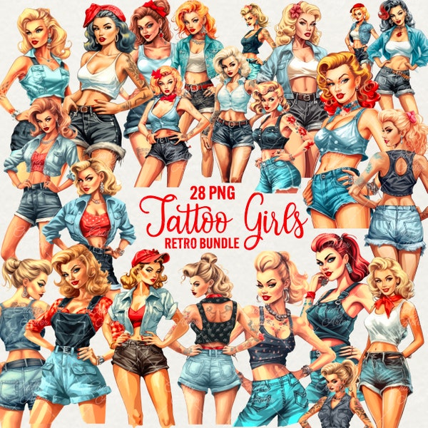 Acuarela Retro Girls Clipart, 28 PNG Pin Up Tattoo girl clip art, Hermosa mujer clipart, descarga instantánea para uso comercial.