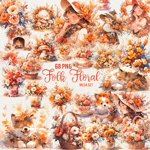 Clipart floreale popolare, 68 PNG Acquerello Fiori popolari, ragazze, grafica cani, Autunno Estate Natura Kawaii Flower Girl clipart, Uso commerciale