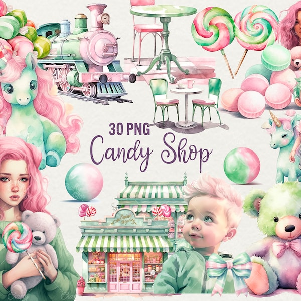 Watercolor Candy Shop Clipart, Pastel watercolor clipart 30 PNG Beautiful girl pink hair, lollipop, candy shop, toys, teddy, Commercial Use.