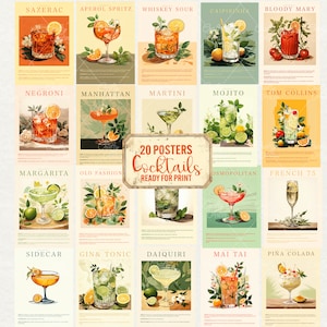 Set de 20 pósteres de cócteles retro, listos para imprimir, bebidas de moda, arte mural con alcohol, recetas, descarga digital, imprimibles.