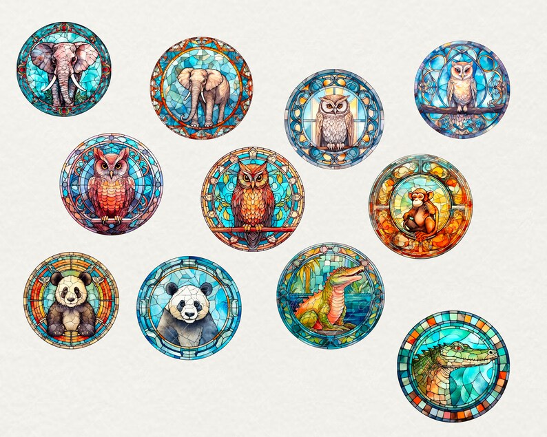 Watercolor Stained Animals Clipart, 51 png Stained Watercolor glass Window PNG, Fantasy animal Clipart, Window animal PNG, Commercial Use