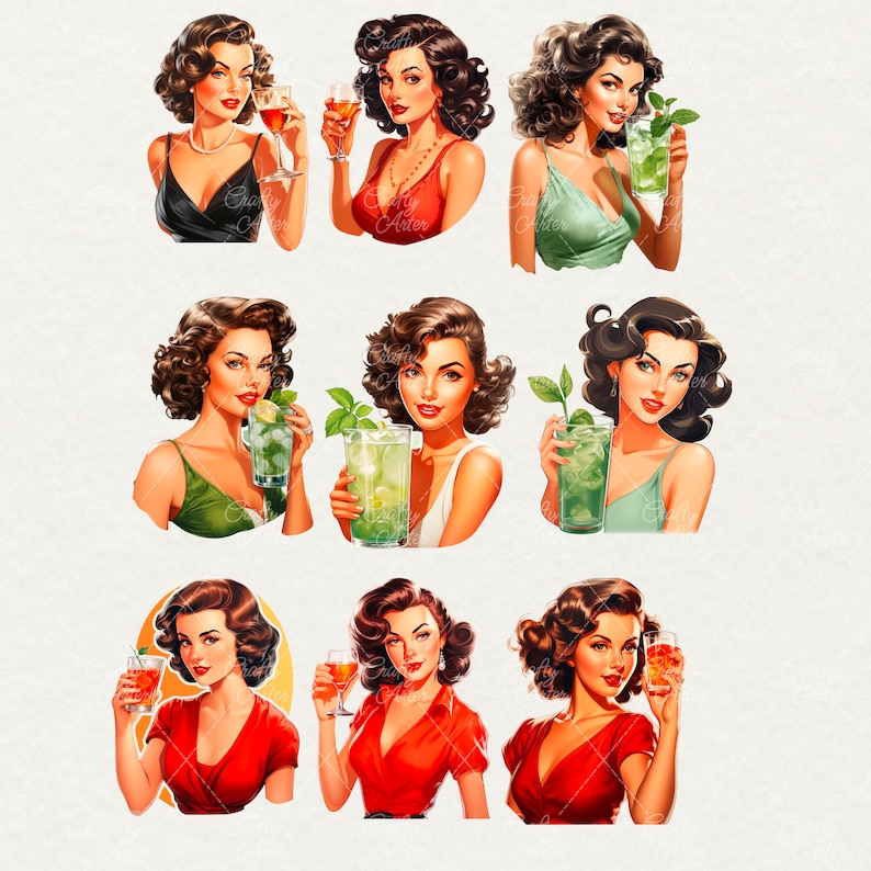 Watercolor Pin-up Cocktail Girls Clipart: 1950s Retro Summer (35 PNG ...