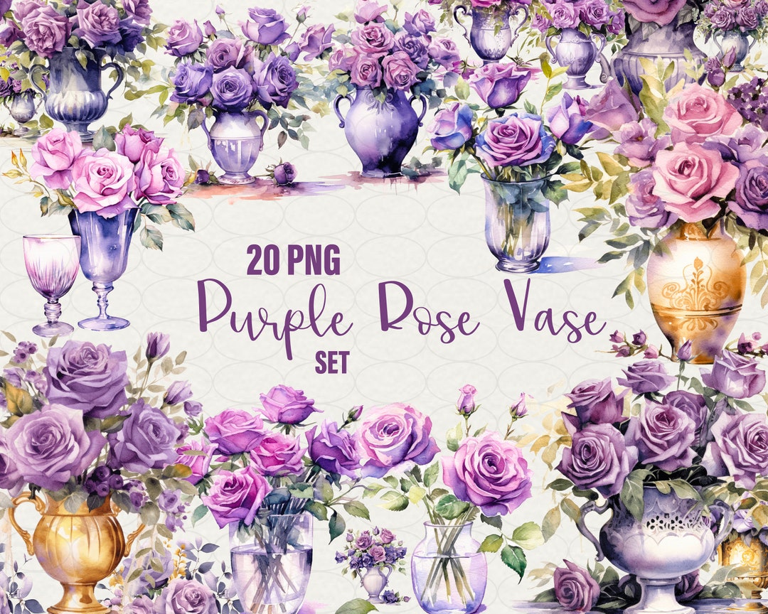 Purple Rose Vase Clipart, 20 Png, Sublimation Watercolor Rose Flowers