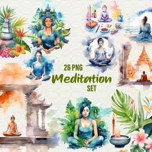 Clipart de meditación en acuarela, ilustración de mindfulness, 26 imágenes PNG de meditación, PNG de meditación en acuarela. Uso comercial.