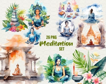 Aquarell Meditation Clipart: 26 PNG Illustrationen (Kommerzielle Nutzung)