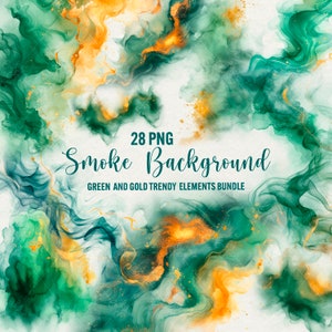 Aquarel groene en gouden rookoverlays, 28 png smaragdgroene vloeibare randen, trendy achtergrond, transparante digitale elementen, commercieel gebruik