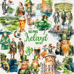 Aquarel Ierland clipart, 60 png Ierland landschappen clipart, Ierland natuur clipart, reizen Ierse cultuur clipart, commercieel gebruik