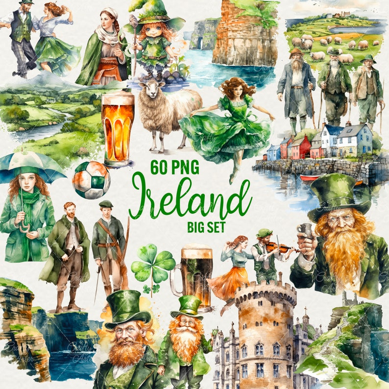 Watercolor Ireland Clipart: Irish Landscapes, Culture (60 PNG) - Etsy