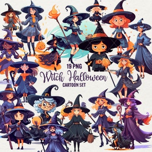 Cartoon Halloween Witch Clipart, 19 PNG Watercolor wizard illustration Magic girl Fantasy Clipart, Commercial use