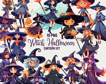 Watercolor Halloween Witch Clipart: 19 PNG Cartoon Wizard Girl Illustrations (Commercial Use)