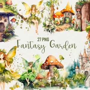 Clipart di foresta fantasy ad acquerello, 27 PNG, castello delle fate fantasy ad acquerello, giardino verde magico e altre illustrazioni clipart per uso commerciale.