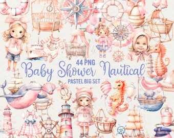 Pastel Pink Nautical Baby Shower Clipart: 44 PNG Watercolor Art (Commercial Use)