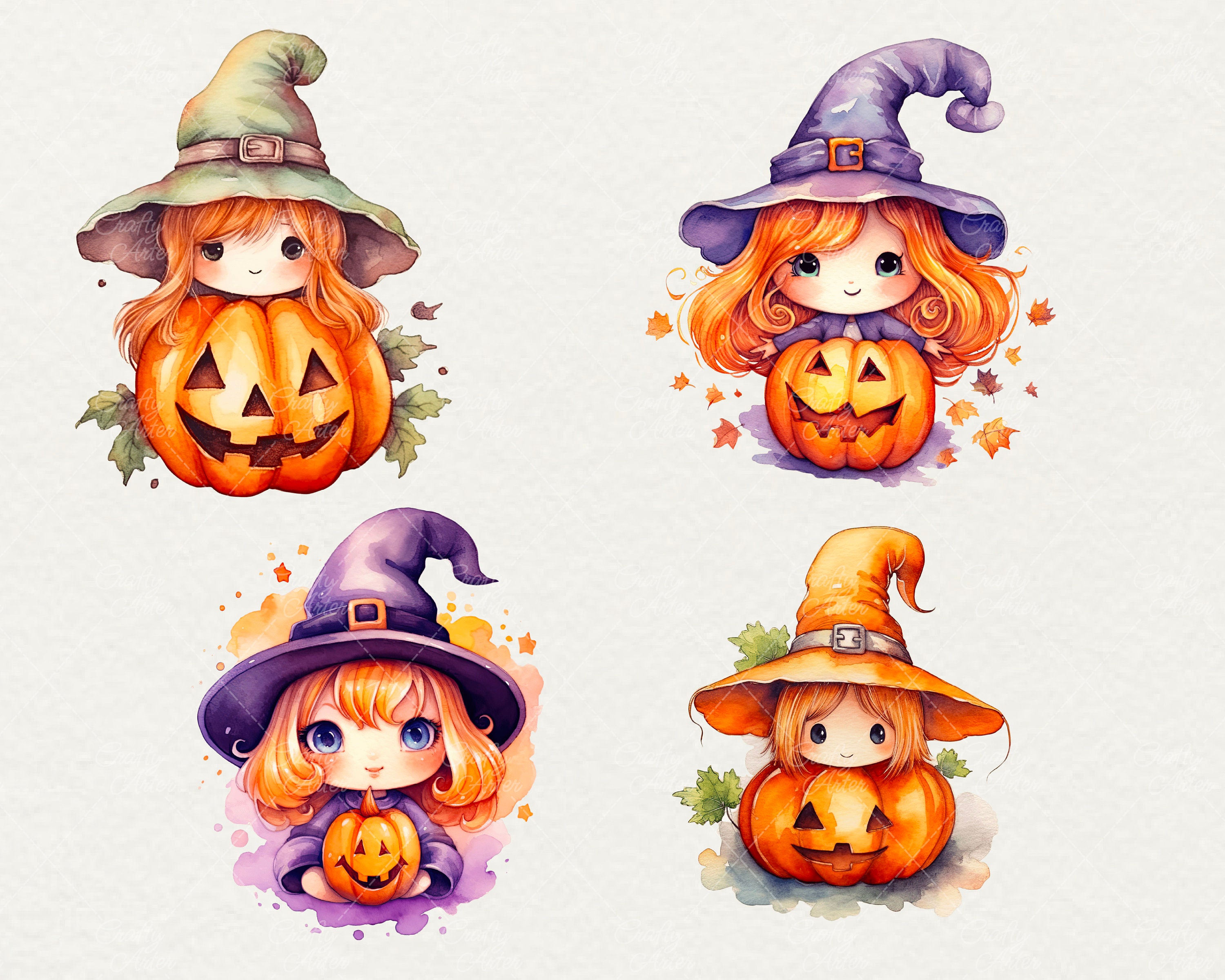 Watercolor Witch Pumpkin Clipart, Cute Halloween Graphics (24 PNG) - Etsy