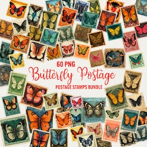 Vlinder postzegels clipart bundel, 60 png set, aquarel vintage post reizen clipart, retro stempel illustraties, commercieel gebruik