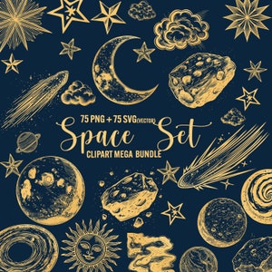 Clipart dello spazio, bundle svg / png dello spazio, galassia pianeti svg, clip art celeste, meteorite, stelle luna e sole, uso commerciale cricut