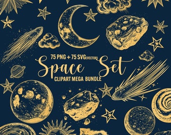 Space Clipart Bundle: Galaxy Planets, Stars, Moon (SVG/PNG)