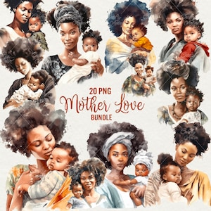 Bella donna nera con bambino Clipart, clipart acquerello di donna, 20 PNG donna con capelli afro, bella madre, uso commerciale.