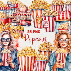 Watercolor Popcorn Clipart, 25 popcorn graphics, Popcorn Machine Woman with popcorn, popcorn in cinema, Commercial Use