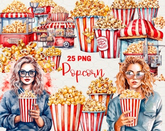 Aquarell Popcorn Clipart: 25 Grafiken, kommerzielle Nutzung