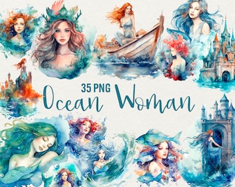 Aquarell Meerjungfrau Clipart: 35 PNG Fantasy Ozean Frau Illustrationen (Kommerzielle Nutzung)