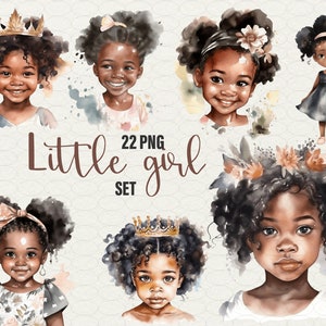 Clipart di bambina nera, clipart di bambina acquerello, 22 PNG capelli afro, bambina carina, uso commerciale.