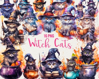 Watercolor Halloween Wizard Cat Clipart: 16 PNG Fantasy Illustrations