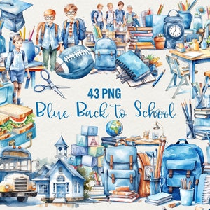 Aquarell Schule Clipart, Junge zurück zu Schule Clipart, Blaue Schule Clipart 43 PNG, Bücher Schulbus, Aquarell Clip Art Kommerzielle Nutzung