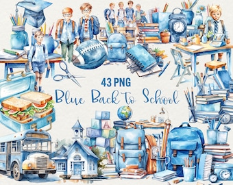 May include: Watercolor illustration with a blue back-to-school theme. The image features school supplies, students, a school bus, and the text "Blue Back to School" and "43 PNG". The color palette is primarily blue and white.