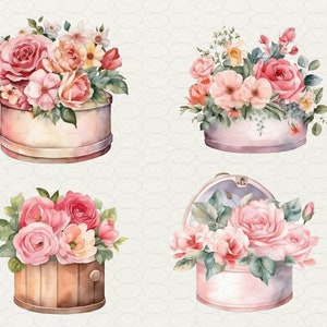 May include: Four vintage-style boxes with lids, each filled with a bouquet of pink and white roses. The boxes are decorated with a rustic, distressed look.