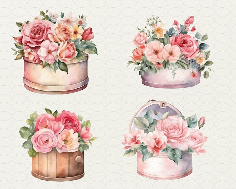 May include: Four vintage-style boxes with lids, each filled with a bouquet of pink and white roses. The boxes are decorated with a rustic, distressed look.