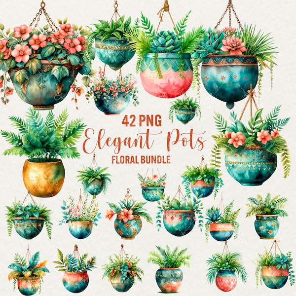 Hanging Flowerpot watercolor clipart, 42 png elegant pots, succulents, hanging flowers png, house plants, instant download, commercial use