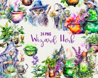 Watercolor Wizard Clipart: Fantasy Herbs, Potions, and Owl (24 PNG)