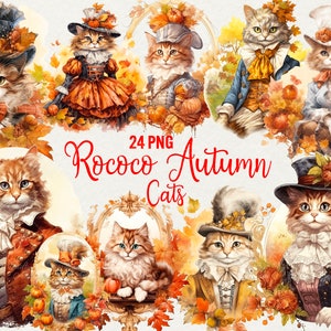 Clipart di gatti in stile rococò ad acquerello, clipart di animali autunnali, 24 PNG di un bellissimo gatto in stile rococò, clipart di animali domestici eleganti, download immediato, uso commerciale.