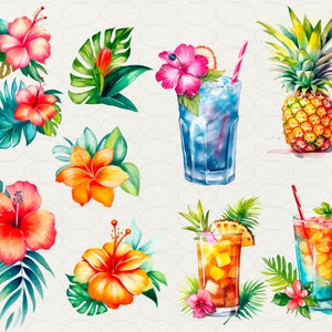 Summer Hawaii Clipart, Aloha Hawaii Watercolor, 64 PNG Hawaii clip art Digital art, flowers, drinks, surfing, beach, palms, Commercial use. Hawaii party, luau Hawaii