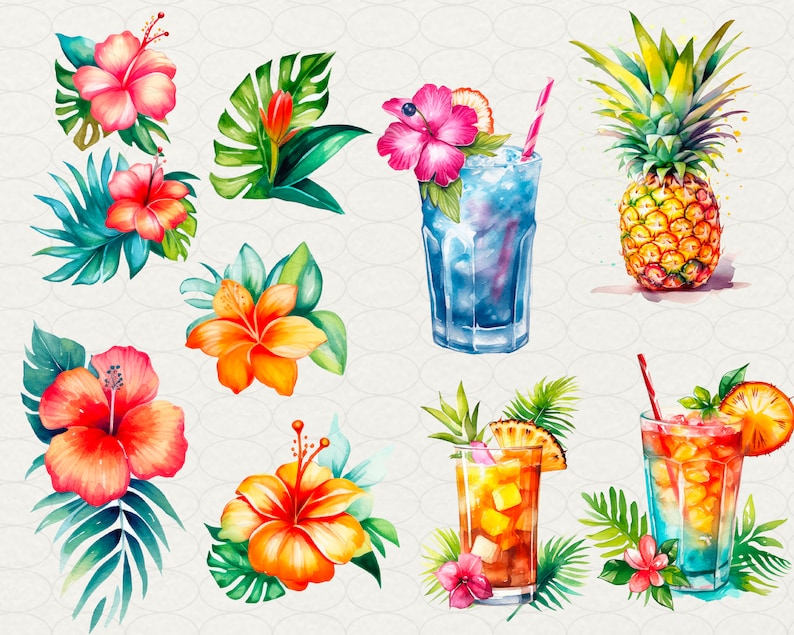 Summer Hawaii Clipart, Aloha Hawaii Watercolor, 64 PNG Hawaii clip art Digital art, flowers, drinks, surfing, beach, palms, Commercial use. Hawaii party, luau Hawaii