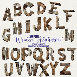 Clipart alfabeto in legno, 26 file png font in legno, lettere in legno, scrittura tipografica rustica, texture in legno, download digitale uso commerciale