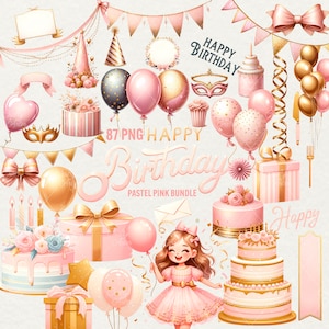 Rosa Geburtstag Clipart, 87 PNG alles Gute zum Geburtstag, Rosa Partydekoration, Goldballons, Mädchen, Kinder, Geburtstag Glam Clip Art, kommerzielle Nutzung